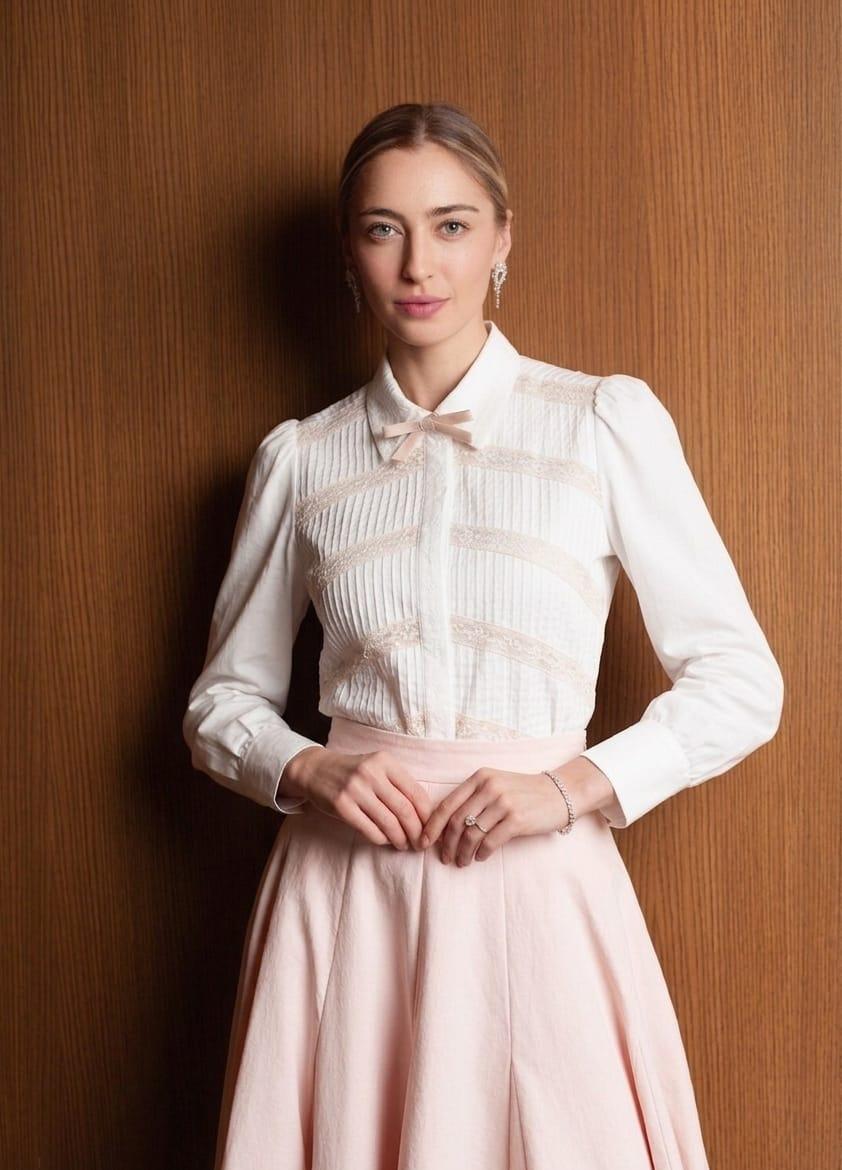 White Lace Shirt-Pink Skirt